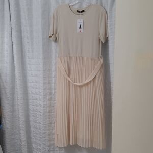 Pleated Midi Dress in Light Beige - Women's Dress Midi